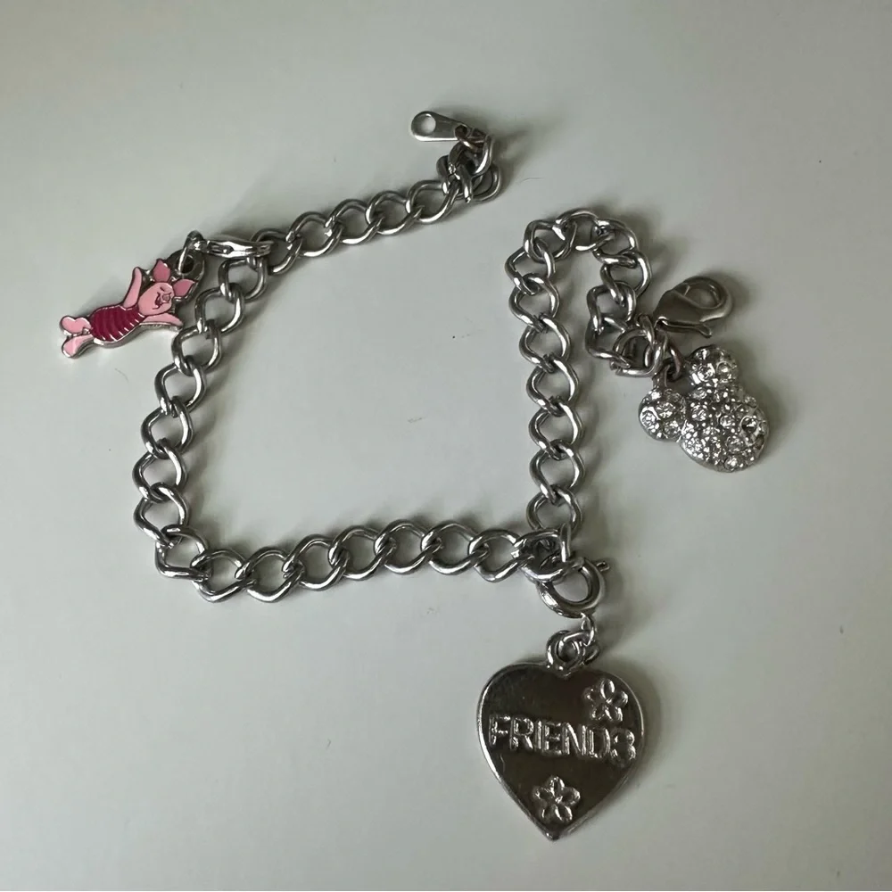 Disney Charm Bracelet Silver-Tone w Piglet Mickey Friends